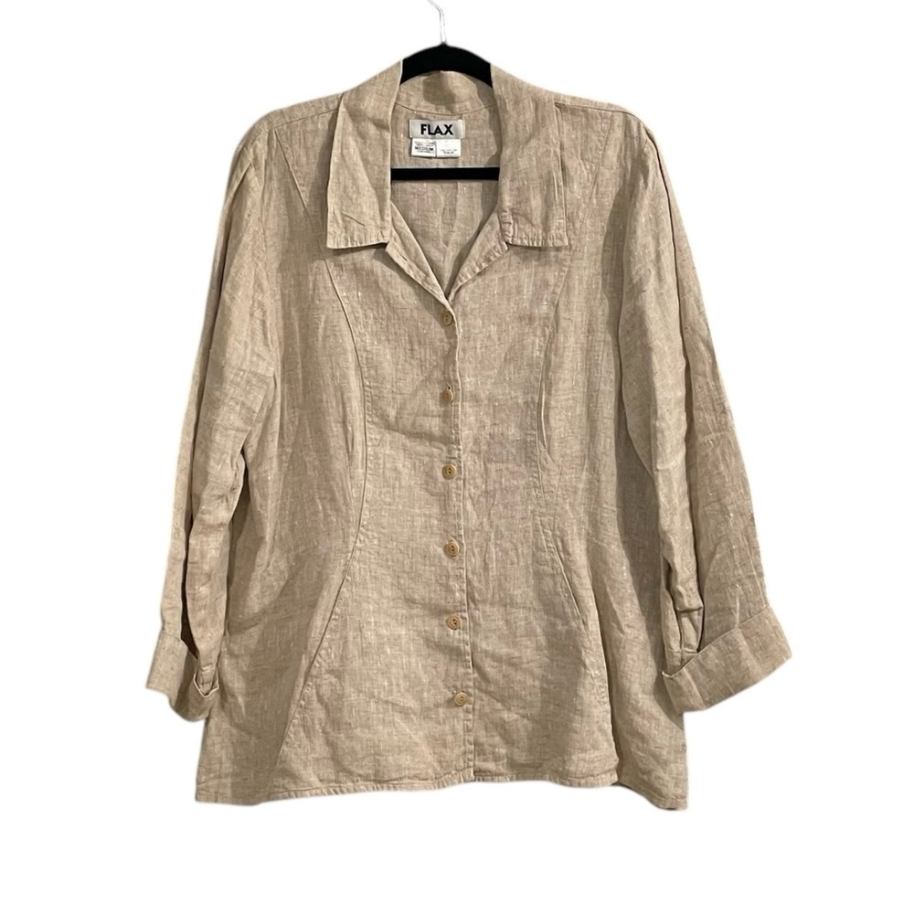 FLAX Linen Lagenlook Button Front Blouse Blazer Jacket Tan M